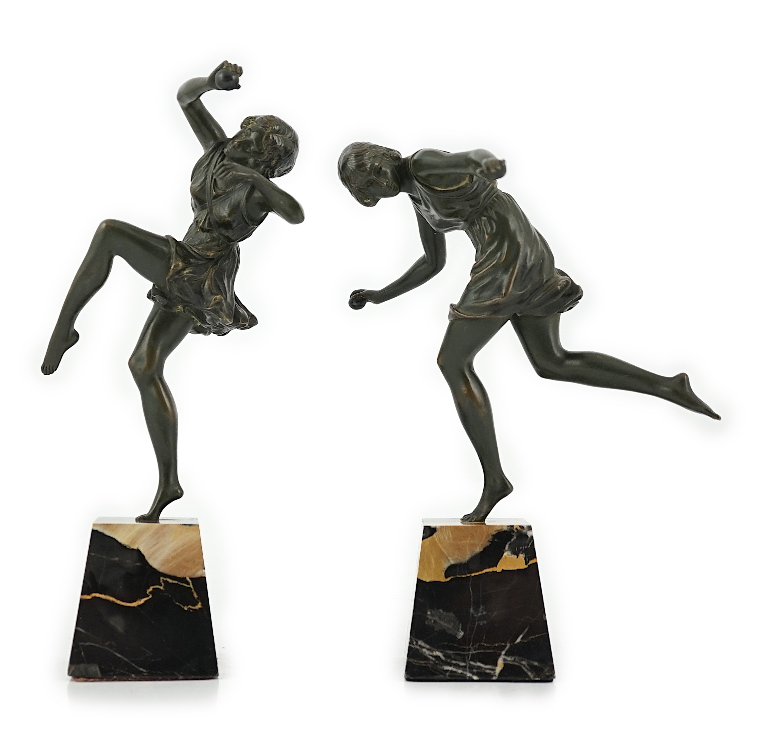 Pierre Camille Marie Le Faguays (1892–1962), a pair of bronze Art Deco figures of classical dancers, 29cm and 25cm high